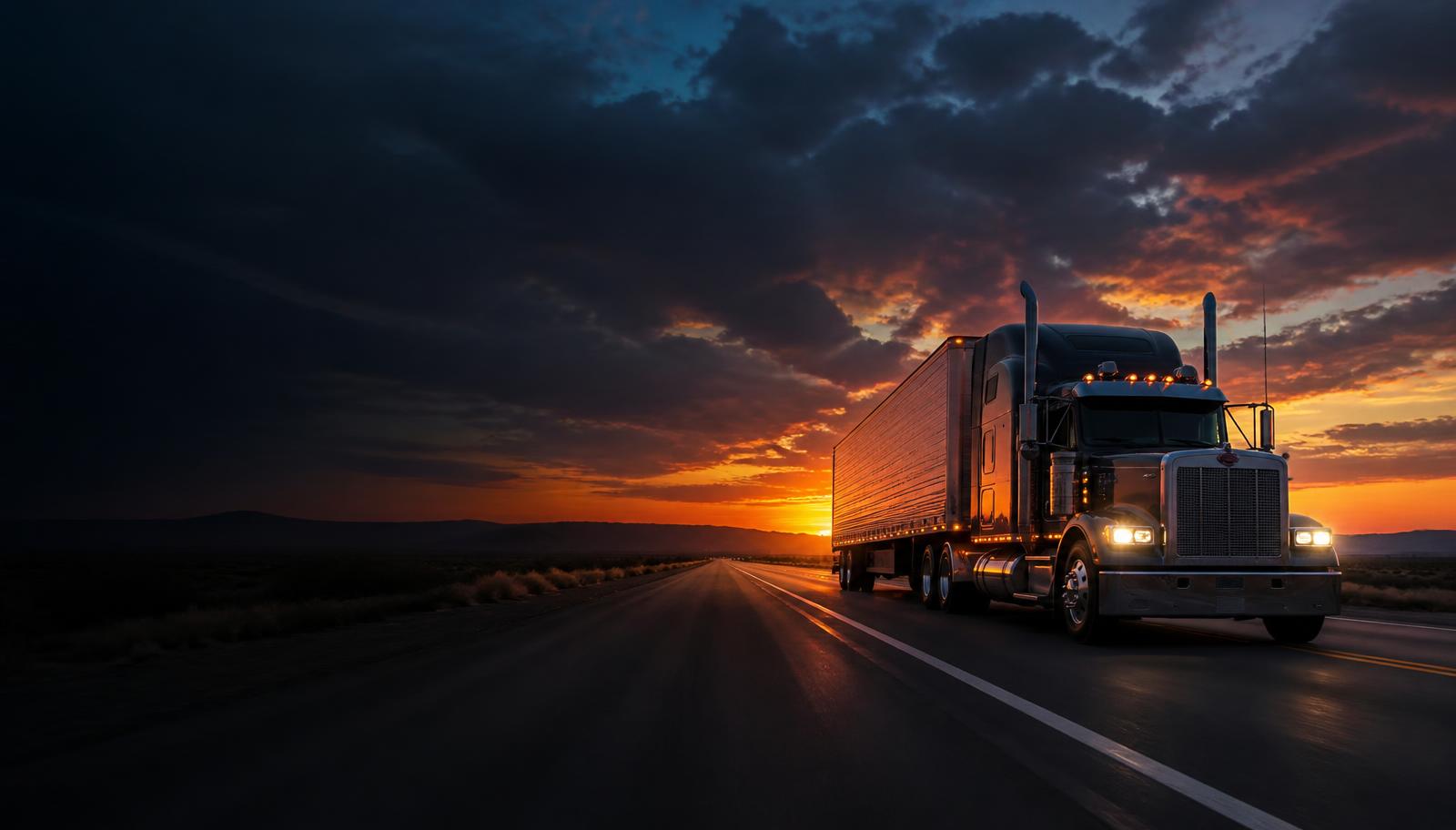 Cargo truck on a highway at sunset